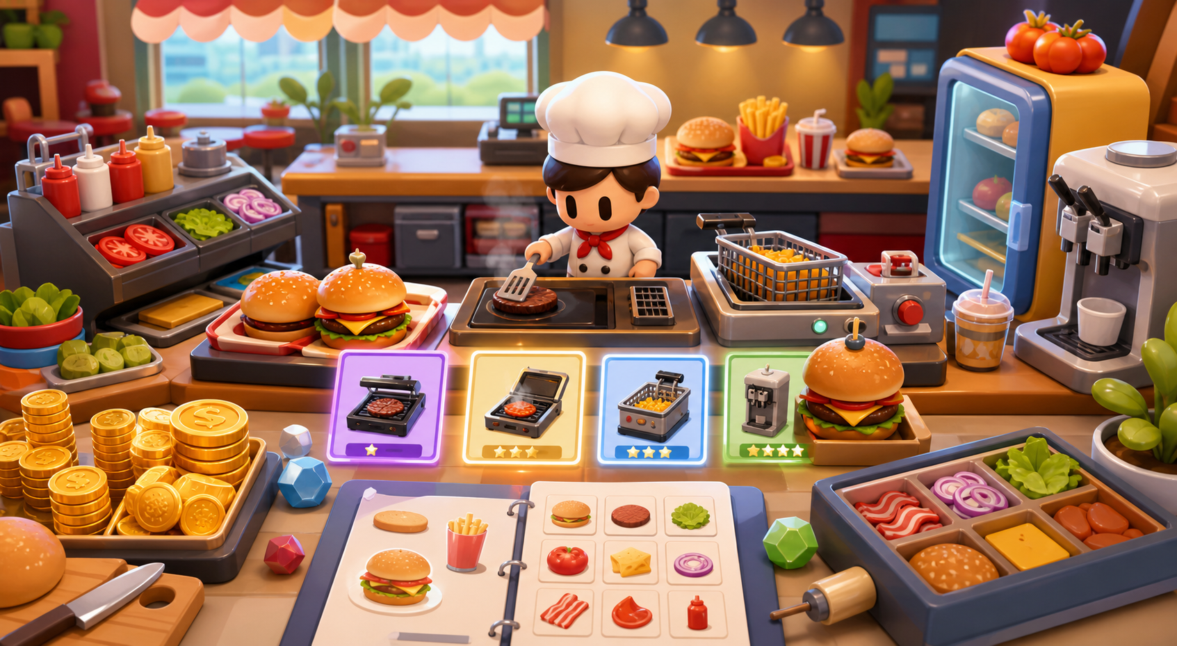Промо-иллюстрация Eatventure с кухней, предметами и крафтом